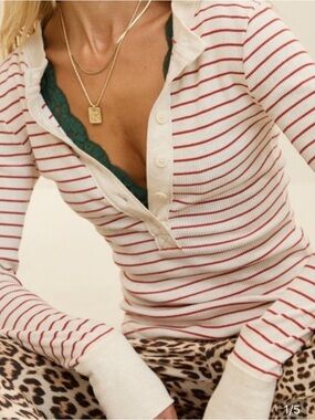 Aerie Red and White Striped Essentials Henley Shirt XL, NWT